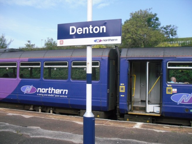 Denton Station with Stalybridge Parliamentary train in background Photo of Denton Station with Stalybridge train in background
