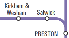 Map of Northern Rail network showing Salwick between Preston and Kirkham & Wesham