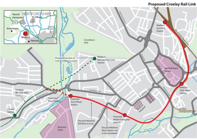 Map showing route of Croxley Rail link from Croxley to Watford Junction