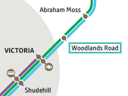 Extract from Metrolink network map showing Woodlands Road between Victoria and Abraham Moss stops
