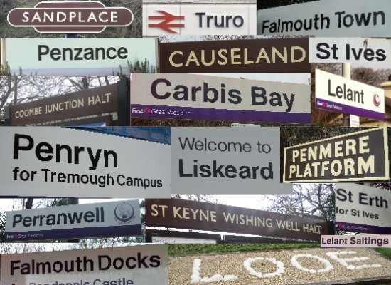 Montage of station signs: Sandplace, Truro, Falmouth Town, Penzance, Causeland, St Ives, Coombe Junction Halt, Carbis Bay, Lelant, Penryn, Liskeard, Penmere, Perranwell, St Keyne Wishing Well Halt, St Erth, Lelant Saltings, Falmouth Docks, Looe