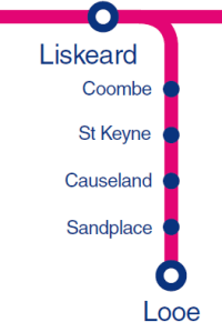 Map showing Liskeard to Looe line via Coombe, St Keyne, Causeland and Sandplace