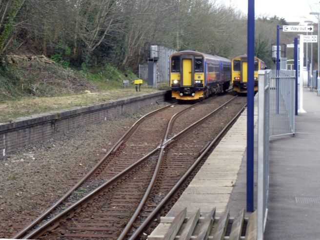 Falmouth-bound train passes Truro-bound train at Penryn