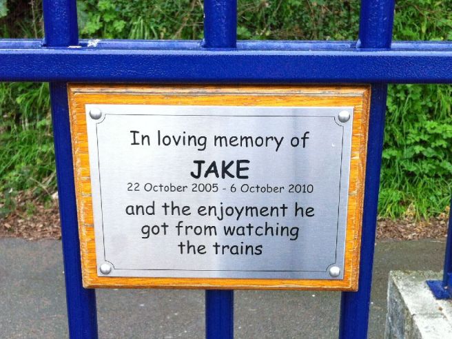 St Ives station plaque: "In loving memory of Jake"