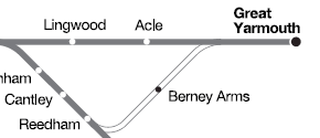 Map showing Berney Arms and surrounding stations